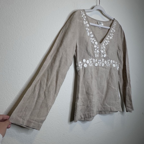 Ann Taylor LOFT Tan Linen Embroidered Top Blouse Beach Coastal Womens Size 4 - Picture 2 of 6